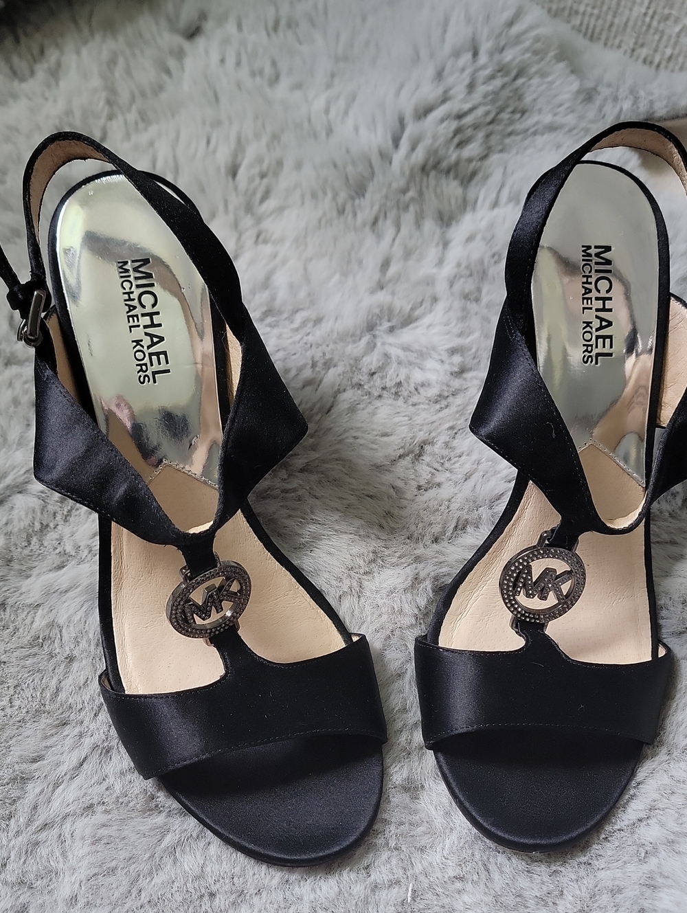 Michael Kors Black Satin T-Strap Logo Heels